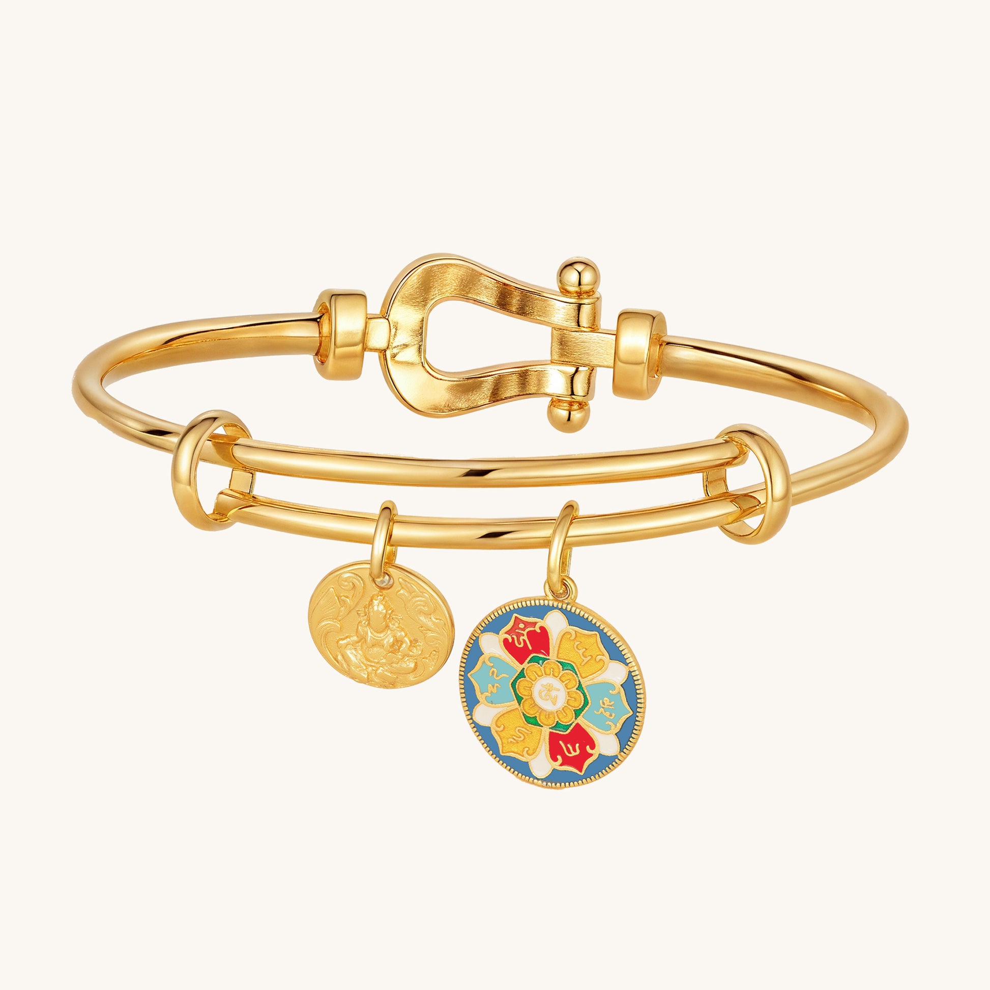 Yellow Jambhala & Six Syllable Mantra Dual-Charm Horseshoe Bracelet