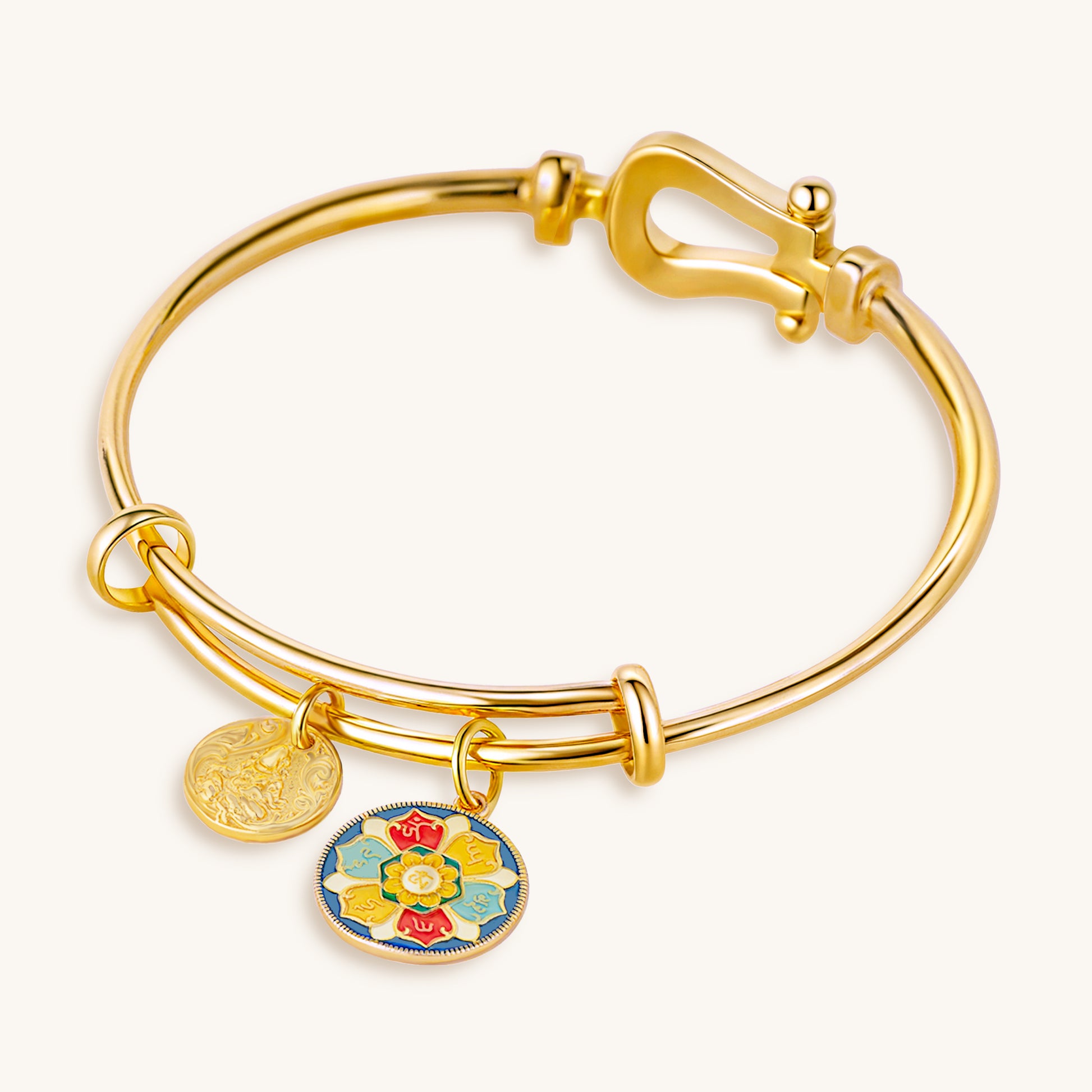 Yellow Jambhala & Six Syllable Mantra Dual-Charm Horseshoe Bracelet