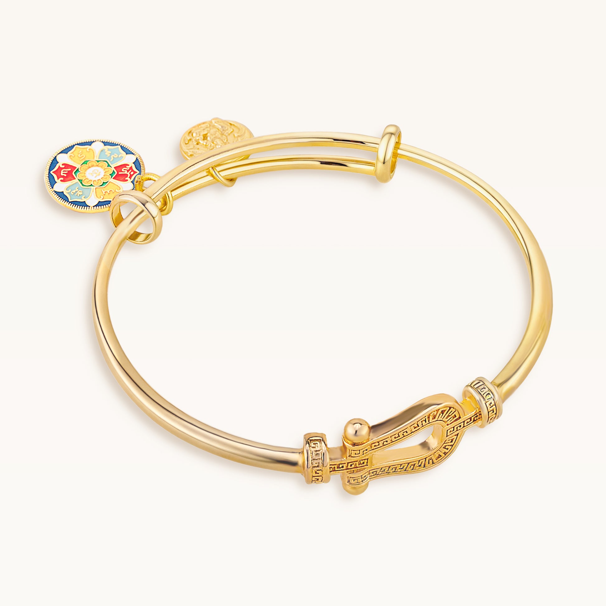 Yellow Jambhala & Six Syllable Mantra Dual-Charm Horseshoe Bracelet