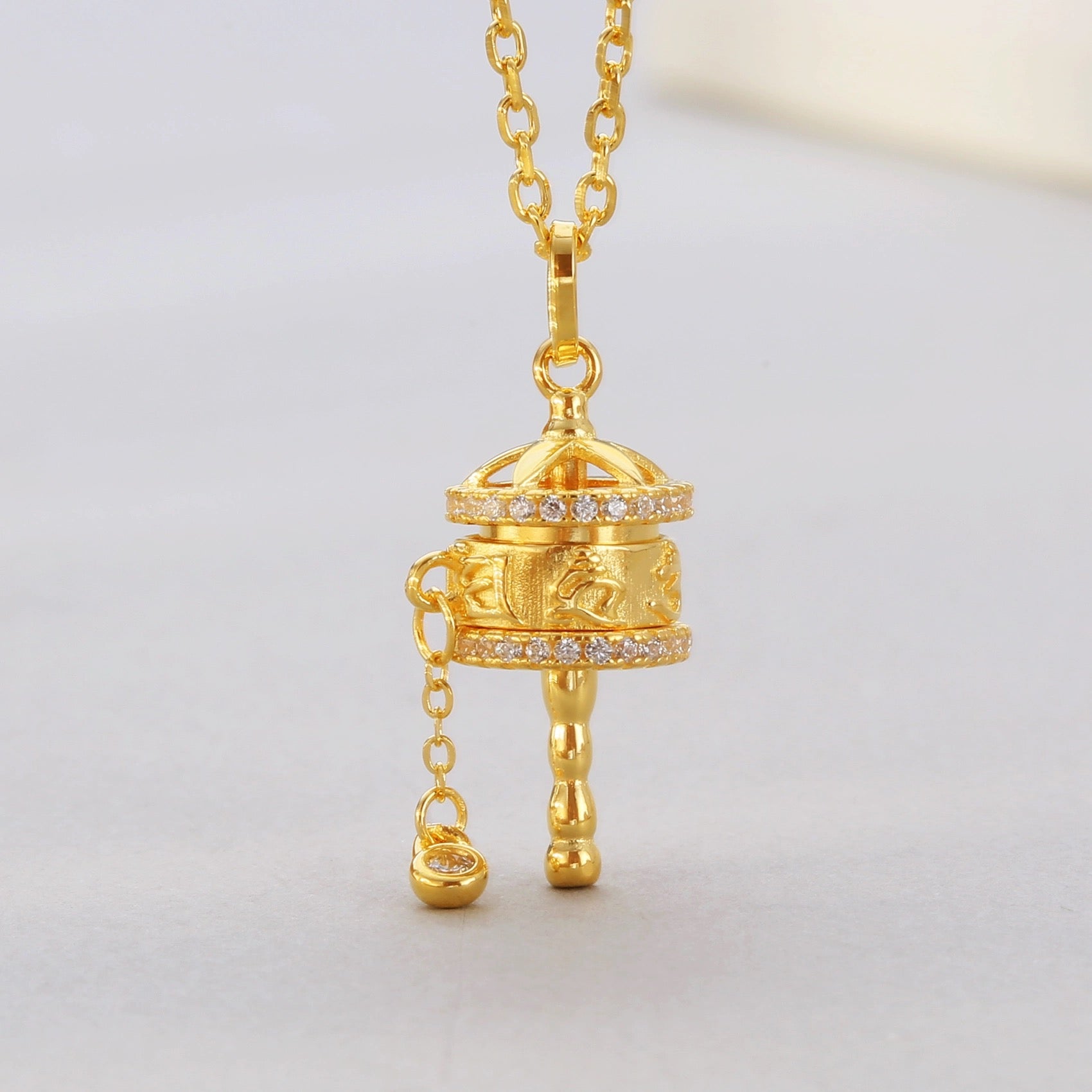 Diamond-Encrusted Prayer Wheel Pendant, 'Mantra Radiance'