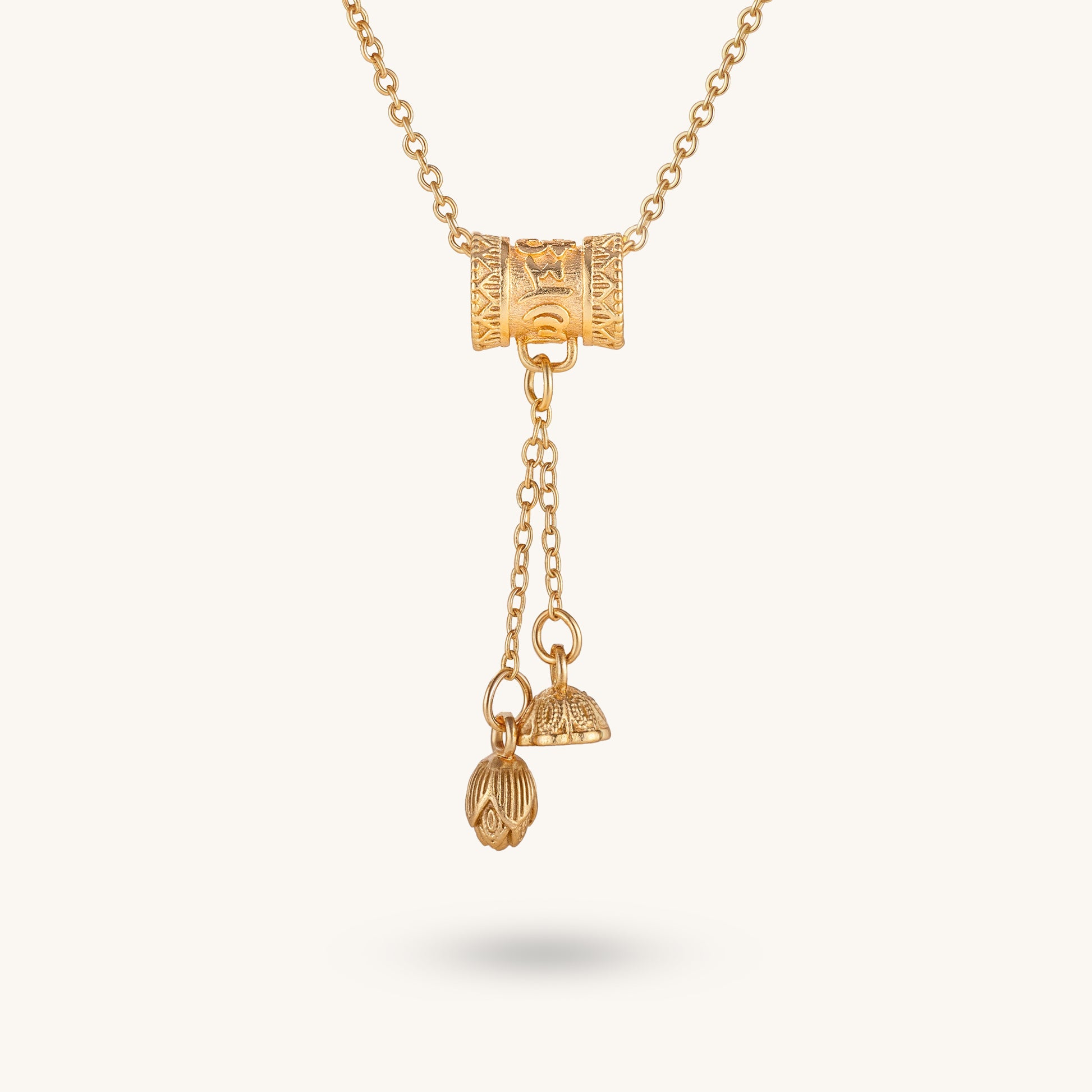 Six Syllable Mantra Prayer Wheel & Lotus Pod Pendant – Dual Spiritual Charms