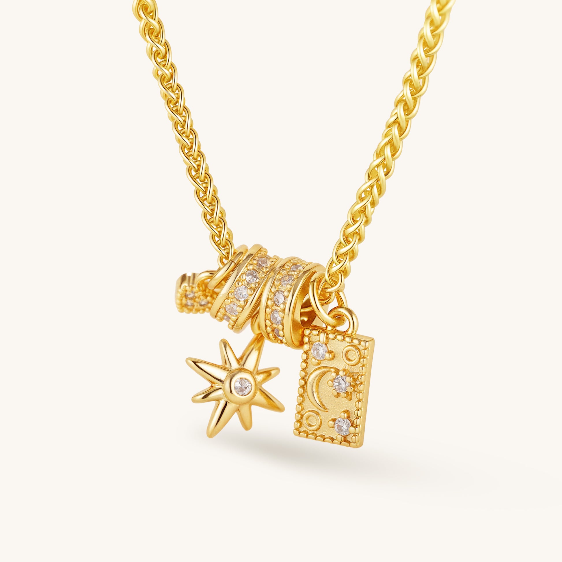 Stellar & Lunar Harmony – Layered Star, Moon, Ring & Crystal Pendant