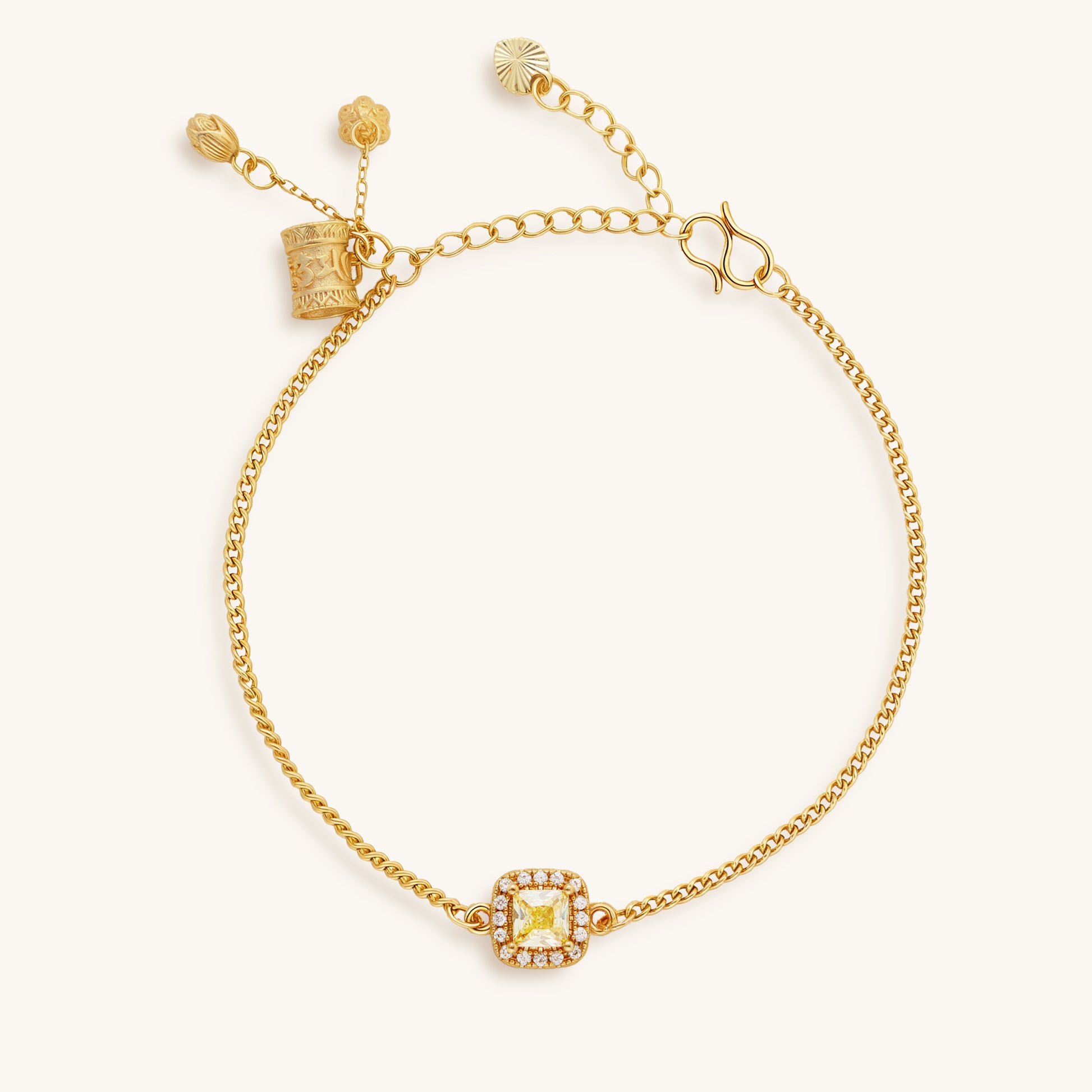Yellow Crystal Cube & Prayer Wheel Lotus Golden Bracelet