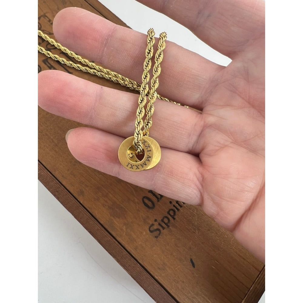 Personalized Coin Necklace with Rope Chain - Circle Pendant Necklace
