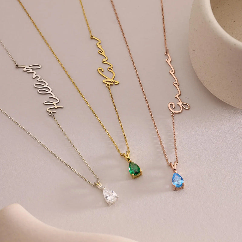 Custom 12 Birthstone Name Necklace | Stainless Steel DIY Letter Pendant