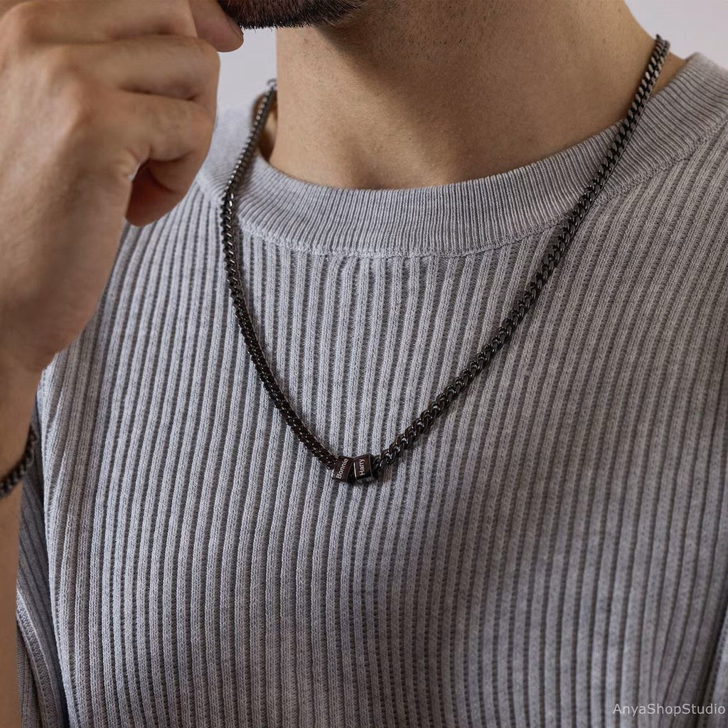Custom Family Name Men Necklace | Personalized Bead Chain for Dad | Daughter's Gift | Father's Day Present