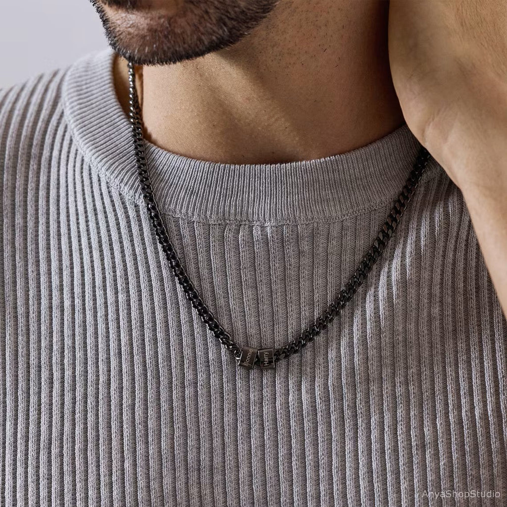 Custom Family Name Men Necklace | Personalized Bead Chain for Dad | Daughter's Gift | Father's Day Present