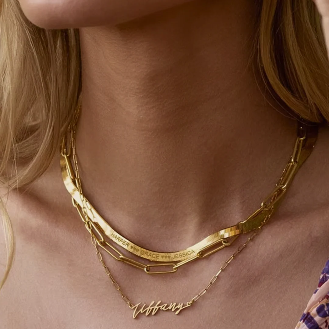 Custom Name Snake Chain Necklace - Personalized Letter & Date Engraving