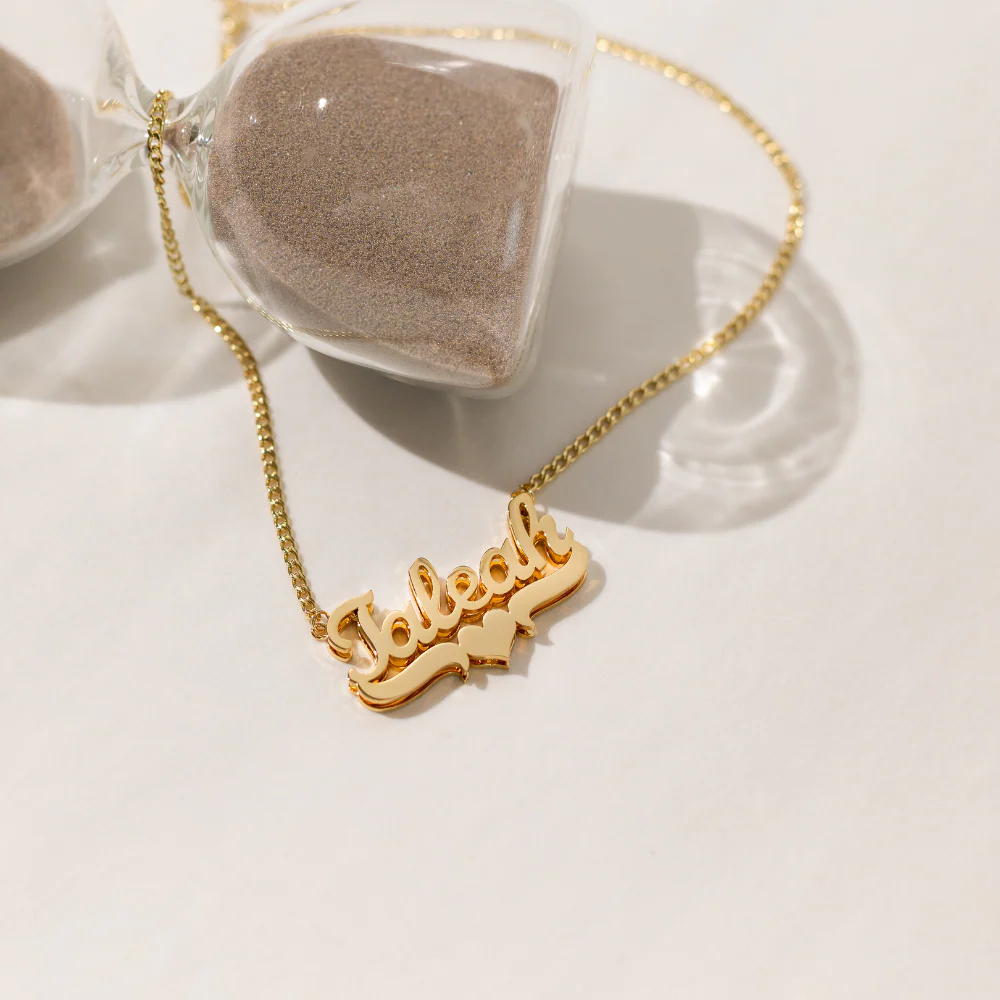 Double-Plated Heart Name Necklace with Cuban Chain