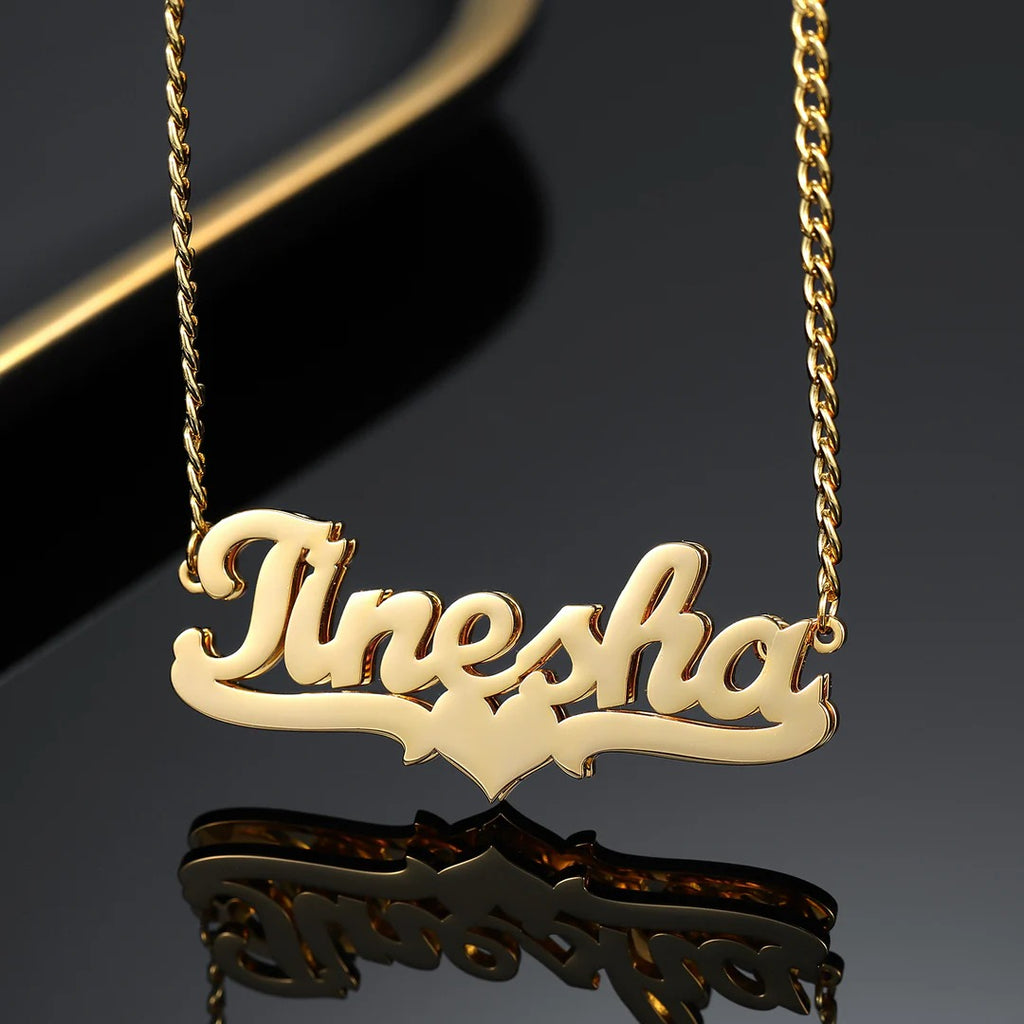 Double-Plated Heart Name Necklace with Cuban Chain