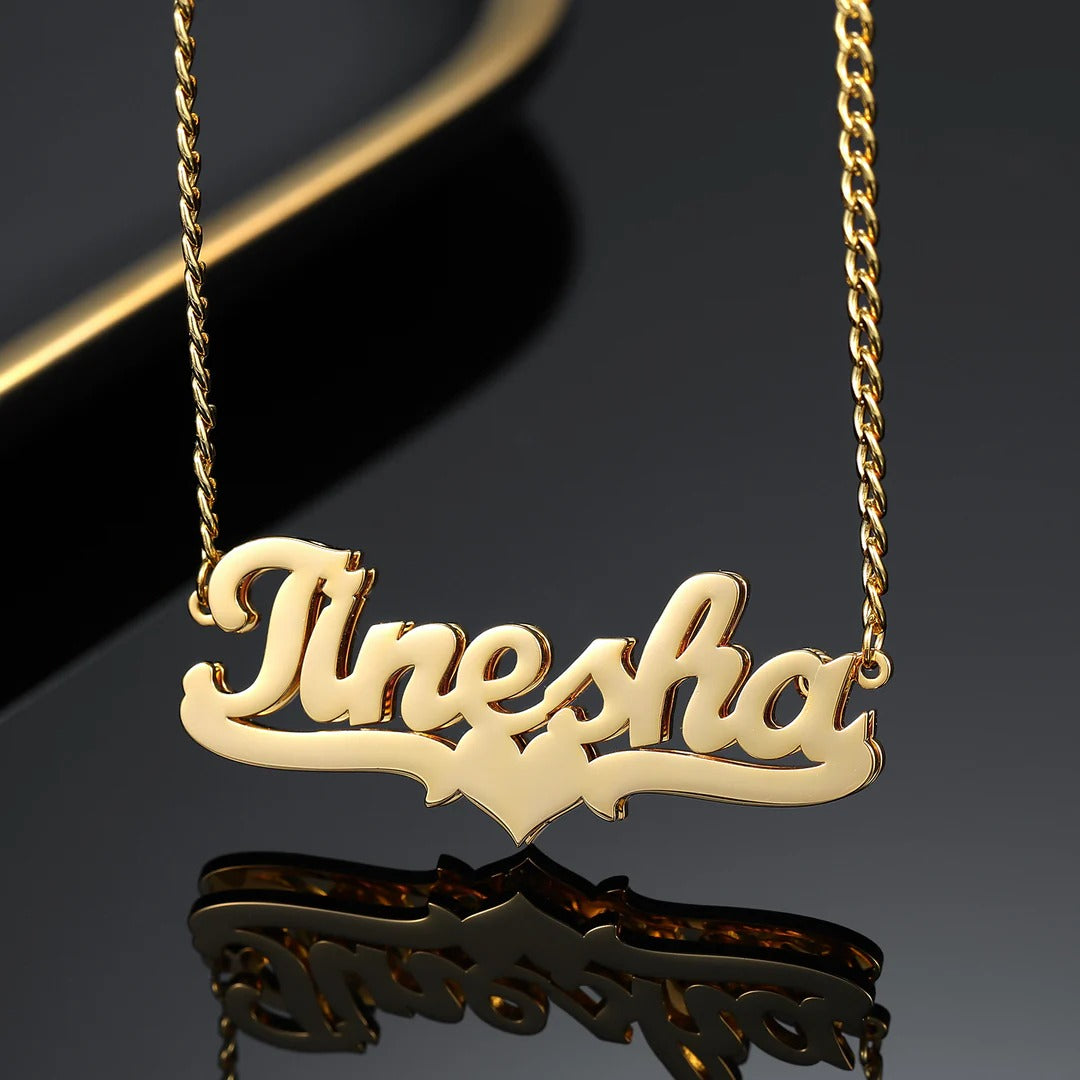 Double-Plated Heart Name Necklace with Cuban Chain