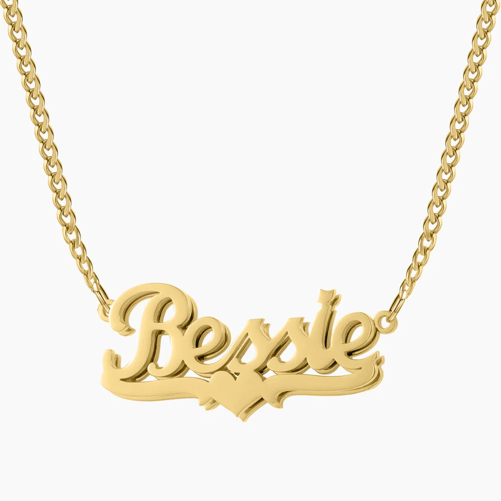 Double-Plated Heart Name Necklace with Cuban Chain