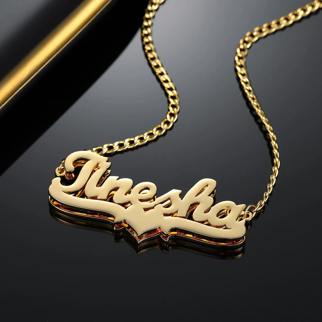 Double-Plated Heart Name Necklace with Cuban Chain