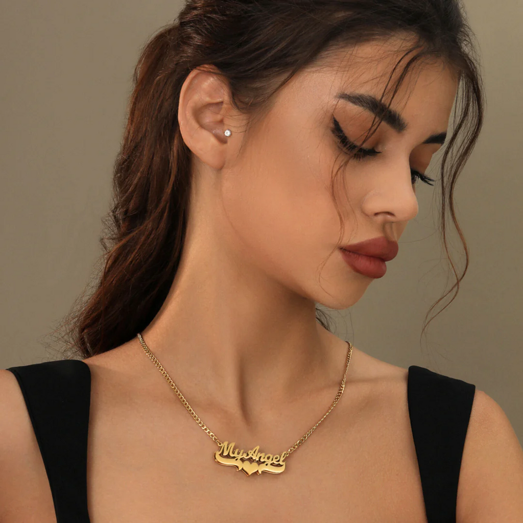 Double-Plated Heart Name Necklace with Cuban Chain