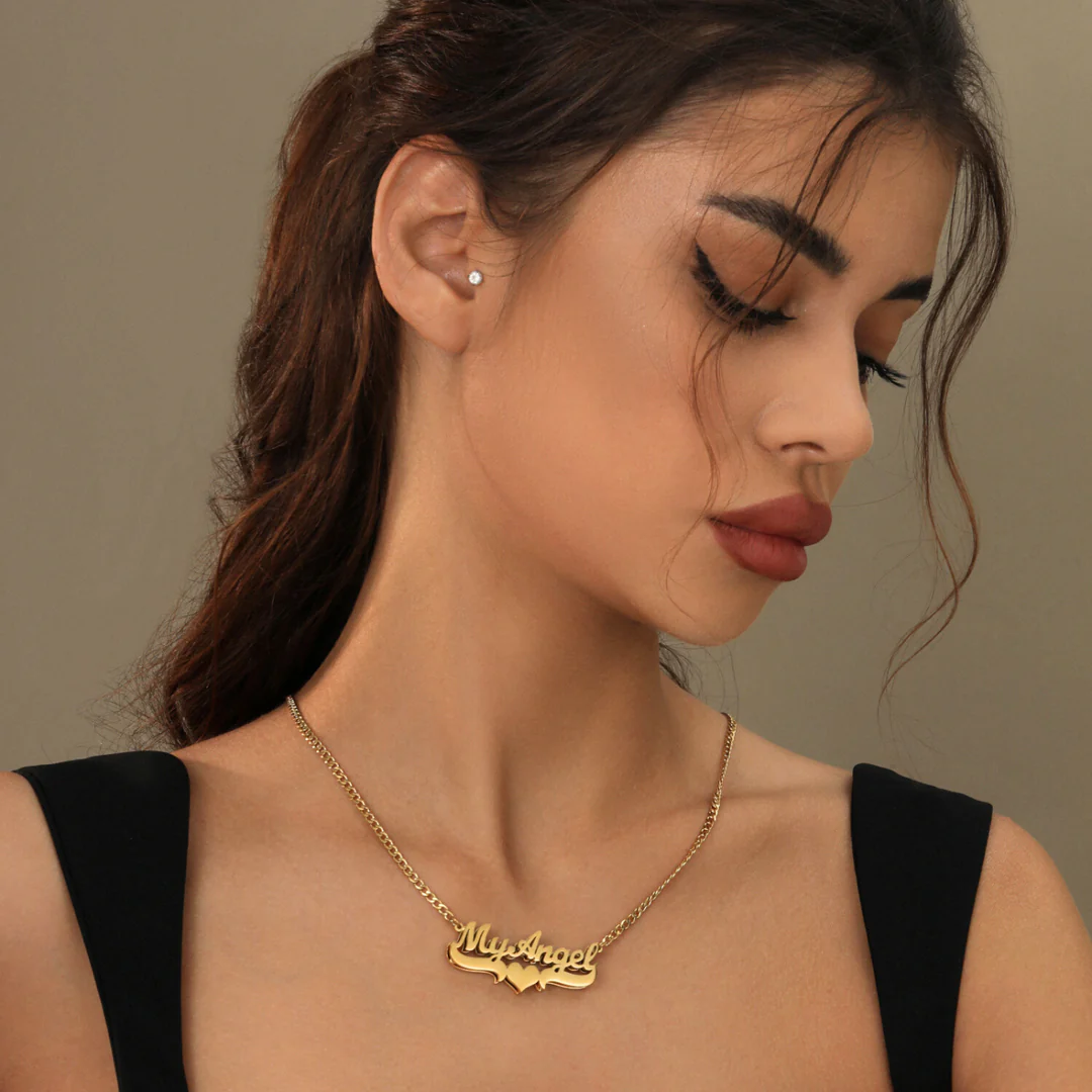 Double-Plated Heart Name Necklace with Cuban Chain