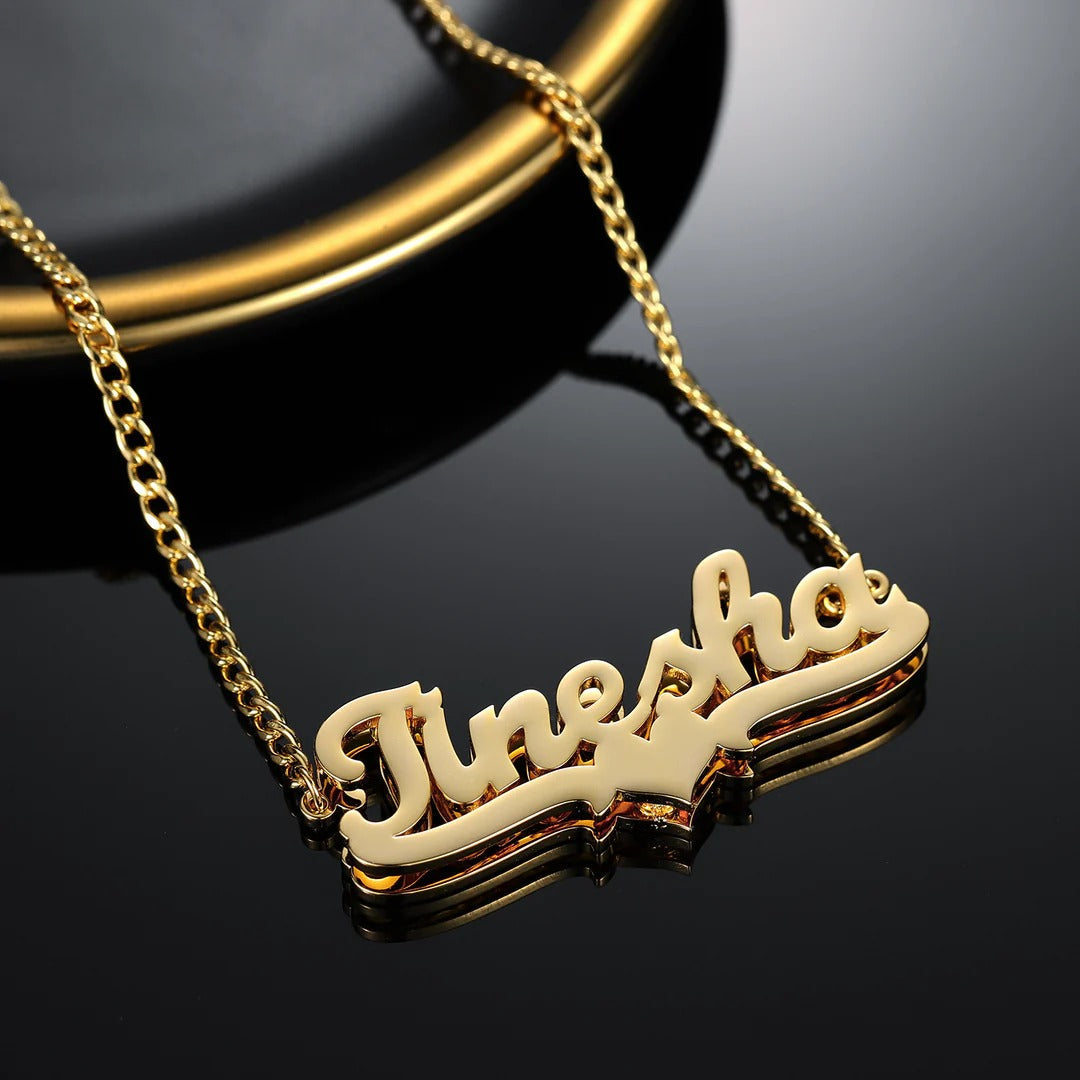 Double-Plated Heart Name Necklace with Cuban Chain