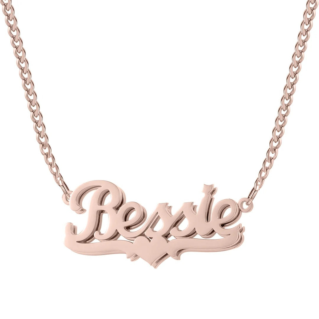 Double-Plated Heart Name Necklace with Cuban Chain