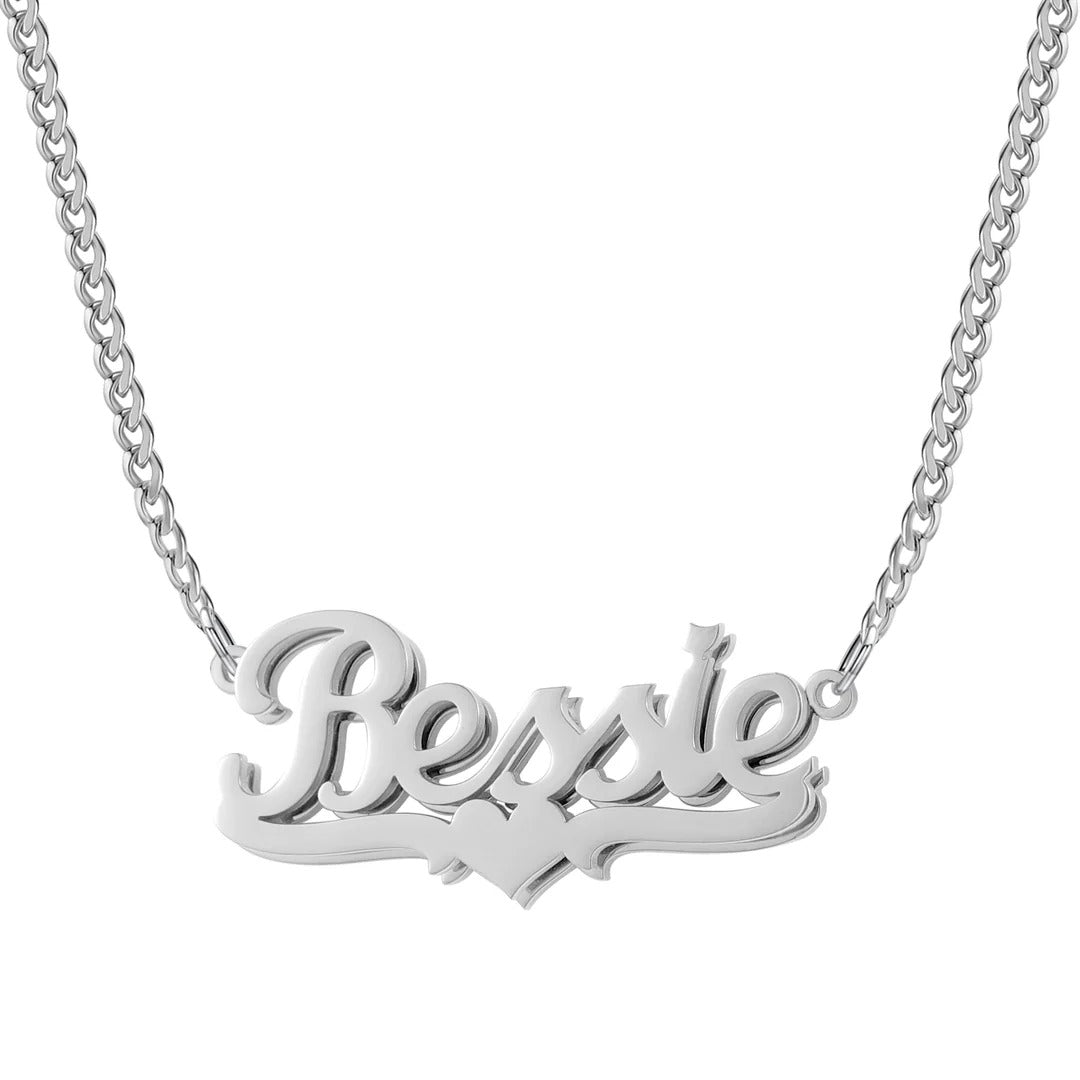 Double-Plated Heart Name Necklace with Cuban Chain