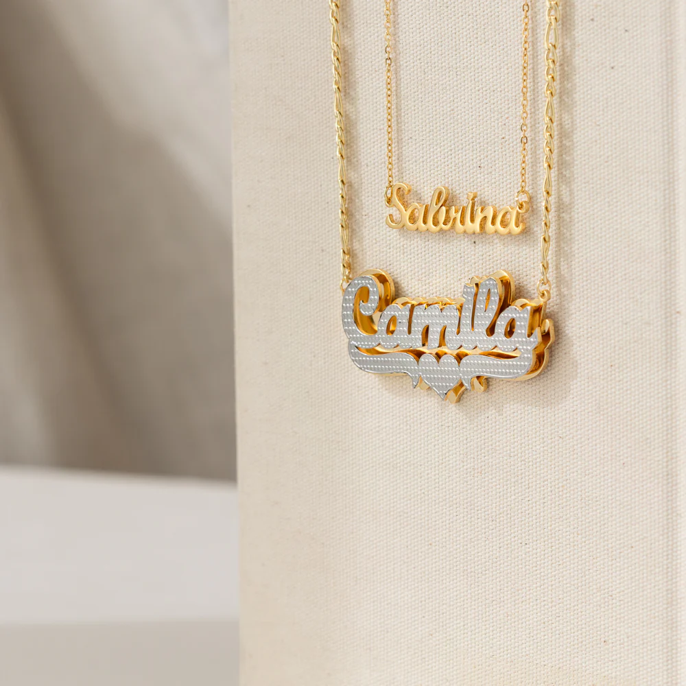 Double-Plated Heart Pop-Out Name Necklace with Figaro Chain