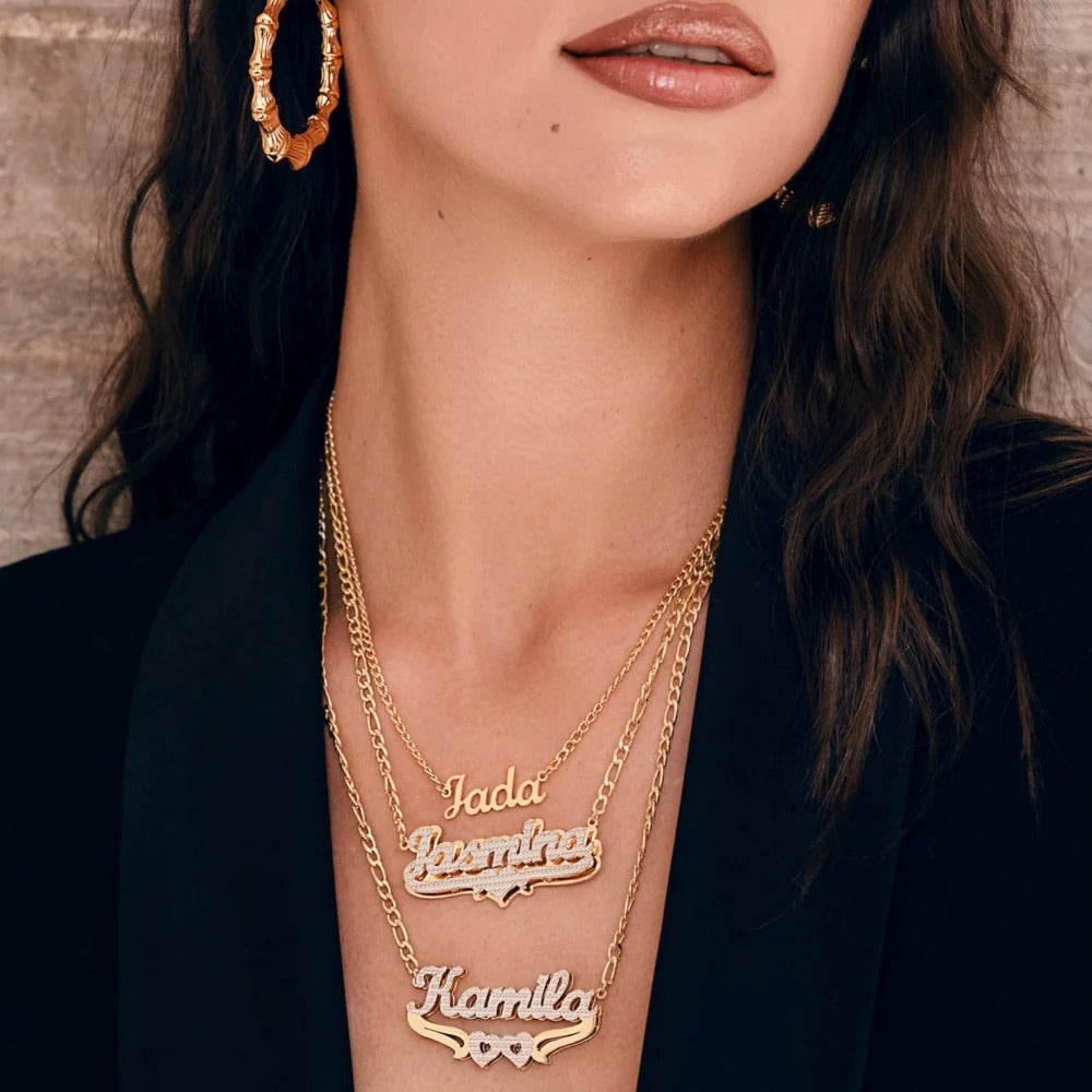 Double-Plated Heart Pop-Out Name Necklace with Figaro Chain