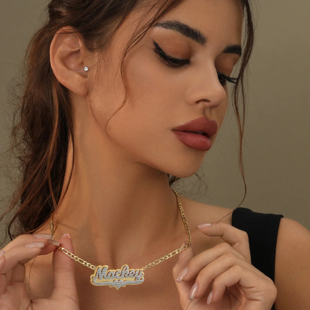 Double-Plated Heart Pop-Out Name Necklace with Figaro Chain