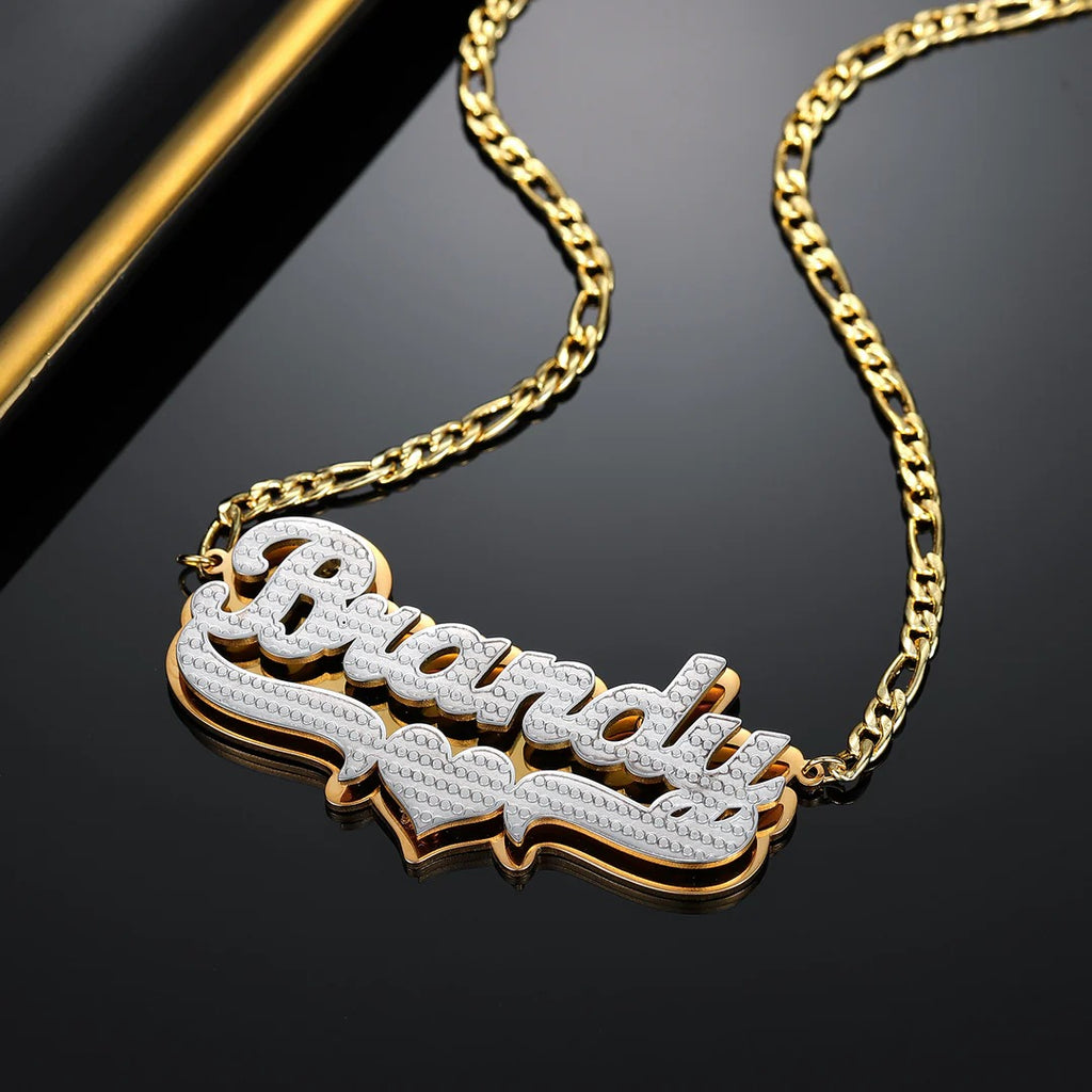 Double-Plated Heart Pop-Out Name Necklace with Figaro Chain