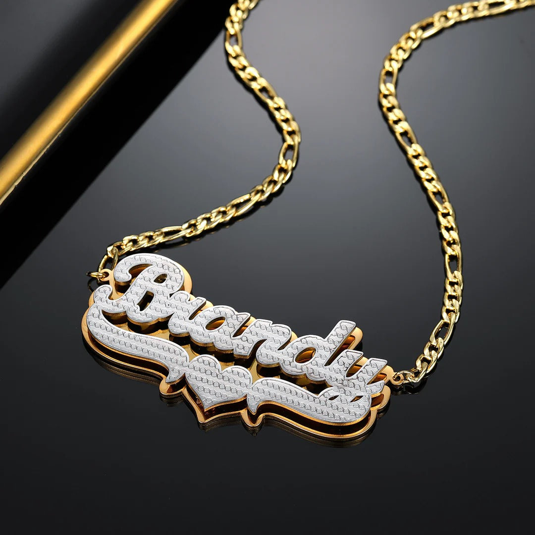 Double-Plated Heart Pop-Out Name Necklace with Figaro Chain