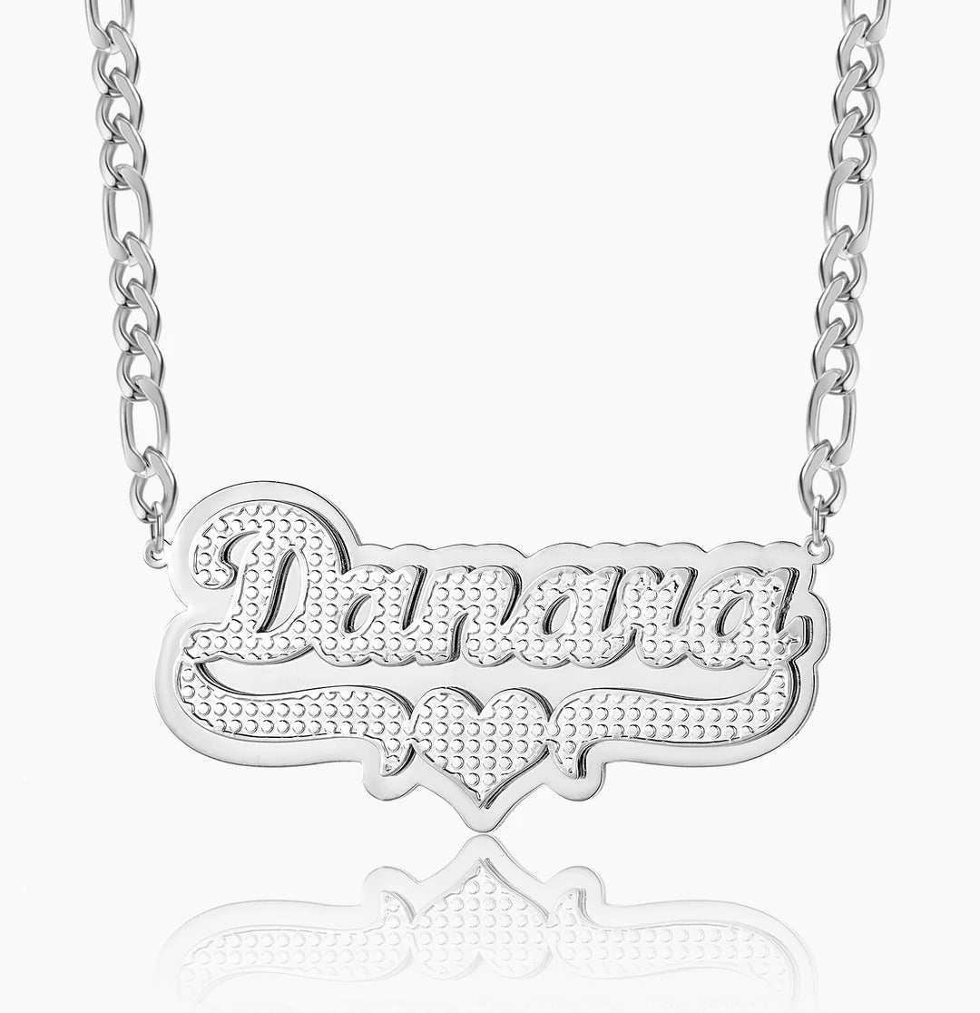 Double-Plated Heart Pop-Out Name Necklace with Figaro Chain