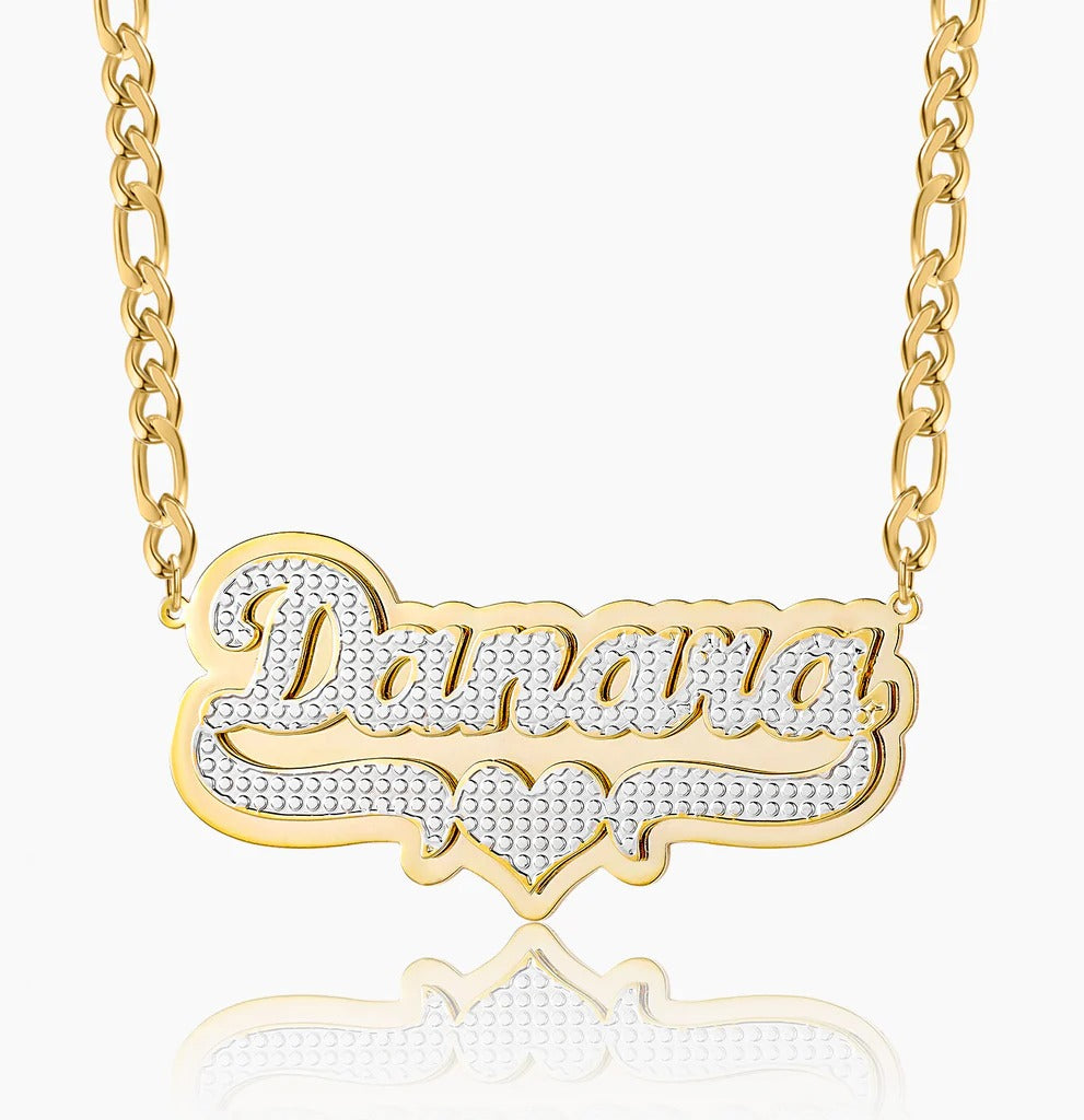 Double-Plated Heart Pop-Out Name Necklace with Figaro Chain