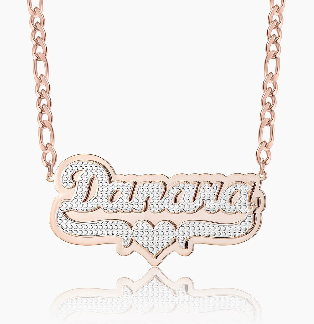 Double-Plated Heart Pop-Out Name Necklace with Figaro Chain