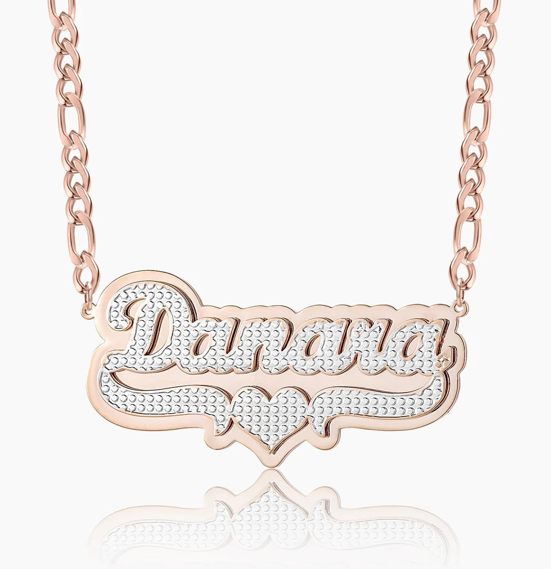 Double-Plated Heart Pop-Out Name Necklace with Figaro Chain