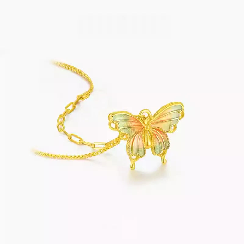 Enamel Butterfly Necklace, 'Emerald Flight'