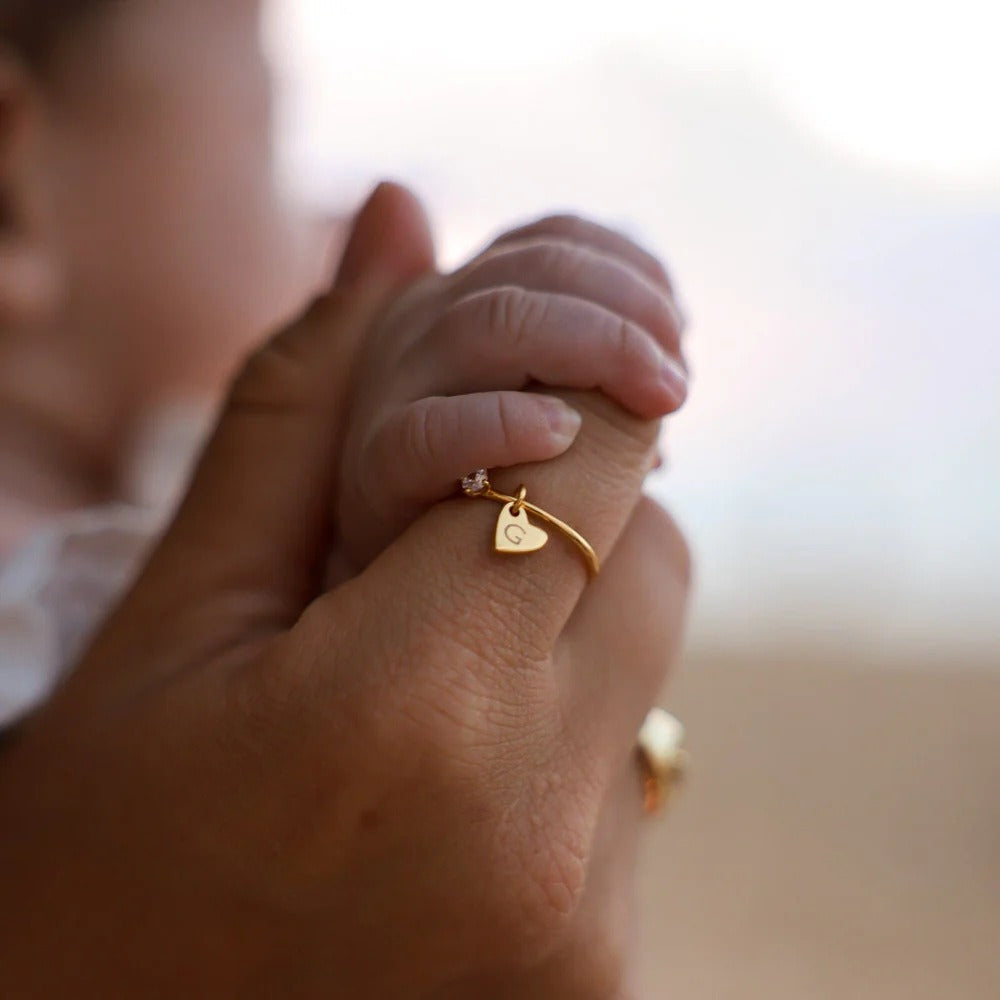 Gold-Plated Love Heart Ring with CZ Pendant | Engraved Stainless Steel Statement Jewelry