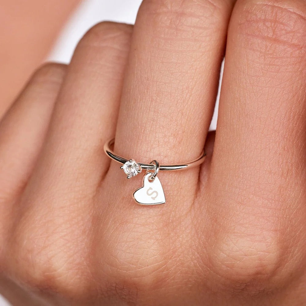 Gold-Plated Love Heart Ring with CZ Pendant | Engraved Stainless Steel Statement Jewelry