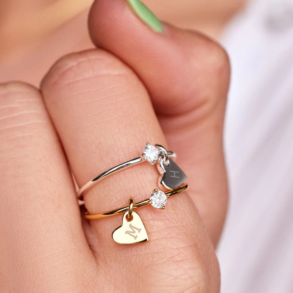 Gold-Plated Love Heart Ring with CZ Pendant | Engraved Stainless Steel Statement Jewelry