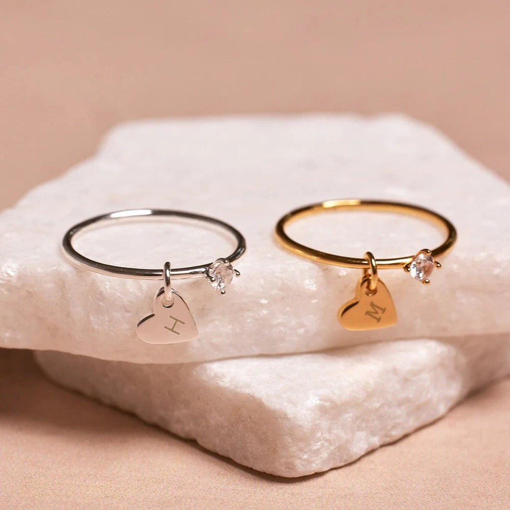 Gold-Plated Love Heart Ring with CZ Pendant | Engraved Stainless Steel Statement Jewelry