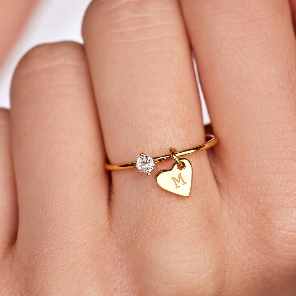 Gold-Plated Love Heart Ring with CZ Pendant | Engraved Stainless Steel Statement Jewelry
