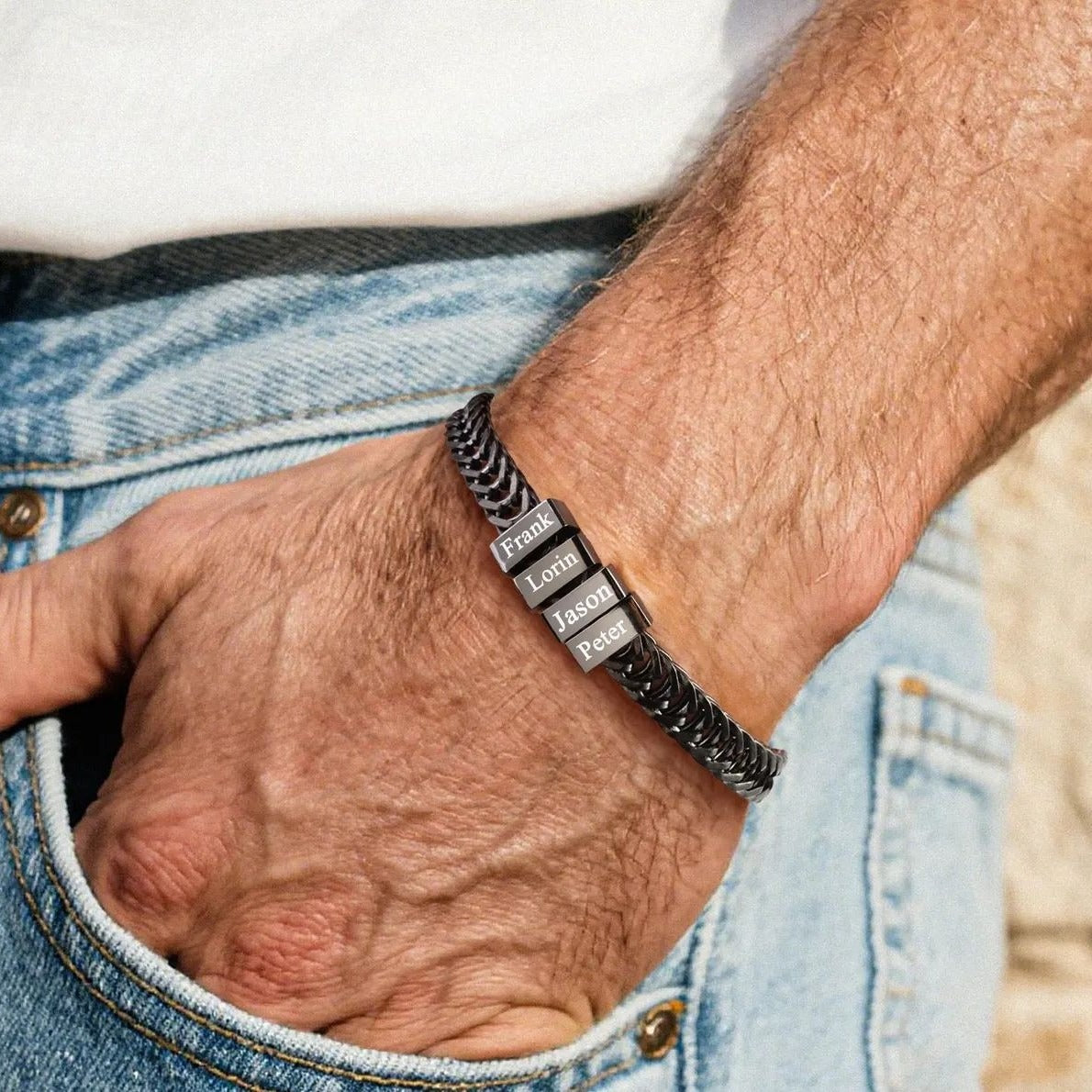 Men's Stainless Steel Bracelet - Father's Day Gift - DIY Name Bead Custom Engraving