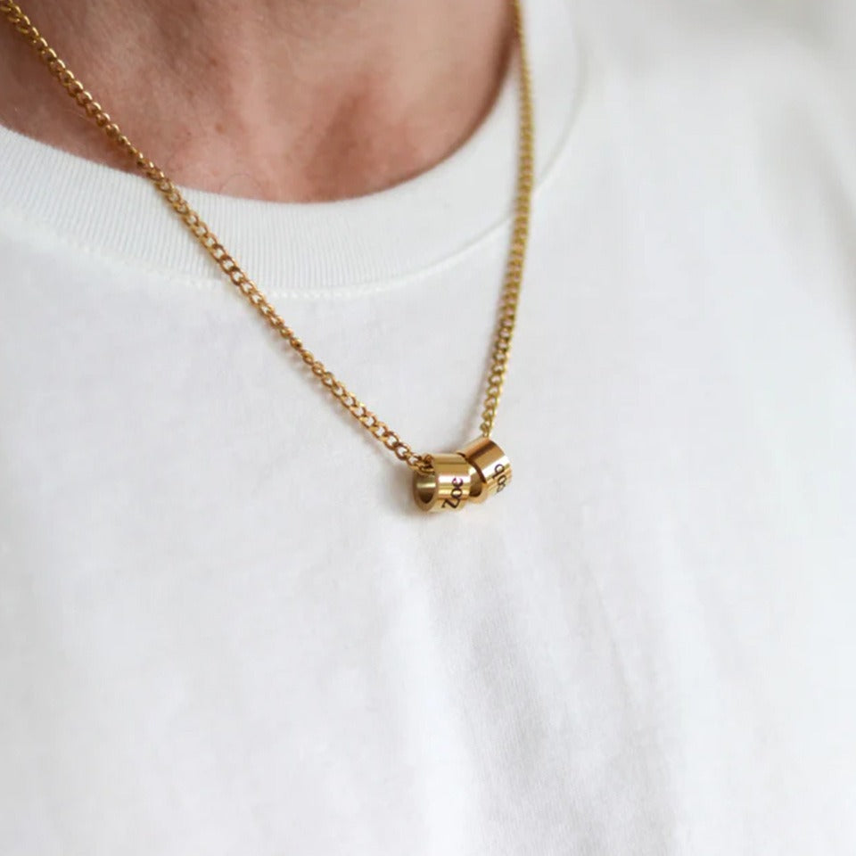 Men's Stainless Steel Necklace - 18K Gold Rotating Bead - DIY Name Pendant - Father's Day Gift
