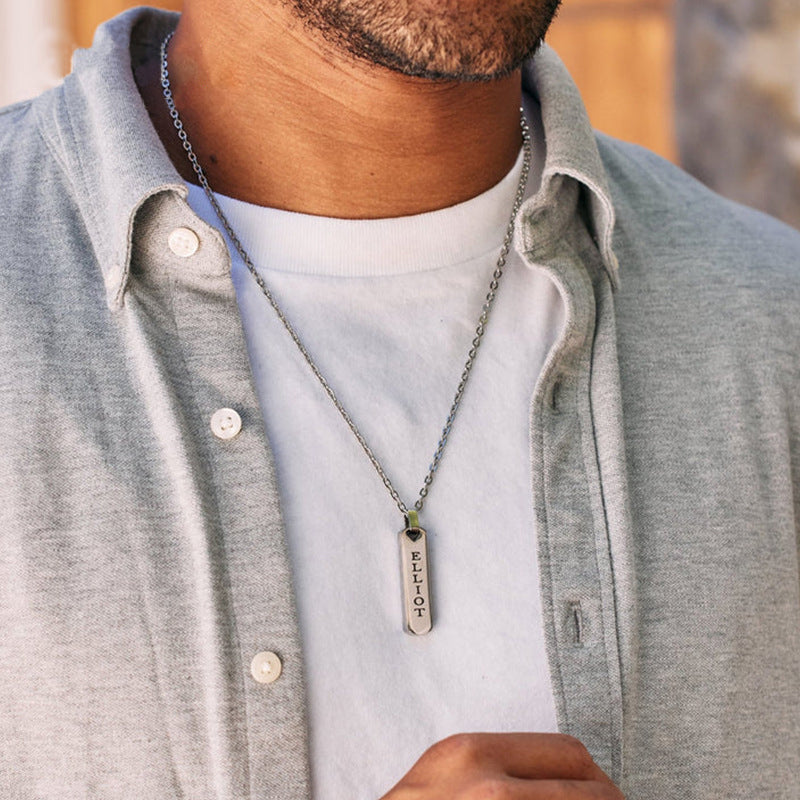Men's Stainless Steel & Titanium Vertical Tag Necklace - Father's Day Name Engraving Pendant
