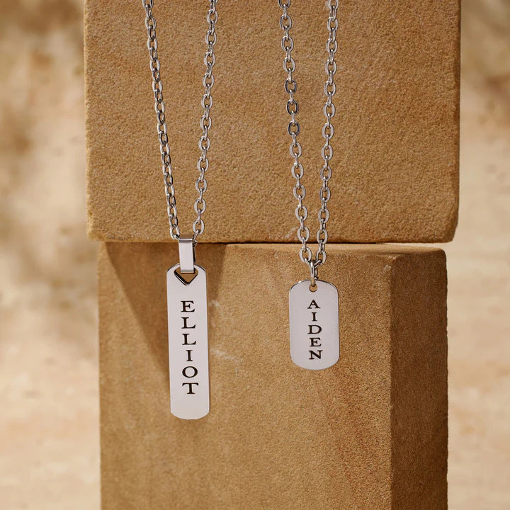 Men's Stainless Steel & Titanium Vertical Tag Necklace - Father's Day Name Engraving Pendant