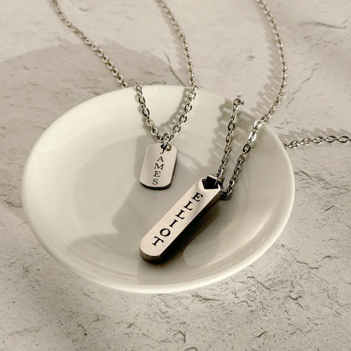 Men's Stainless Steel & Titanium Vertical Tag Necklace - Father's Day Name Engraving Pendant
