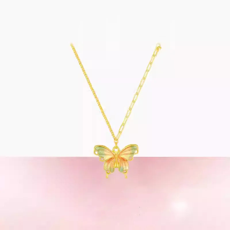 Enamel Butterfly Necklace, 'Emerald Flight'