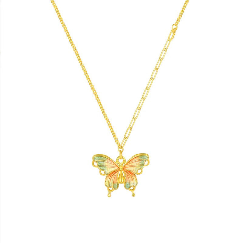 Enamel Butterfly Necklace, 'Emerald Flight'