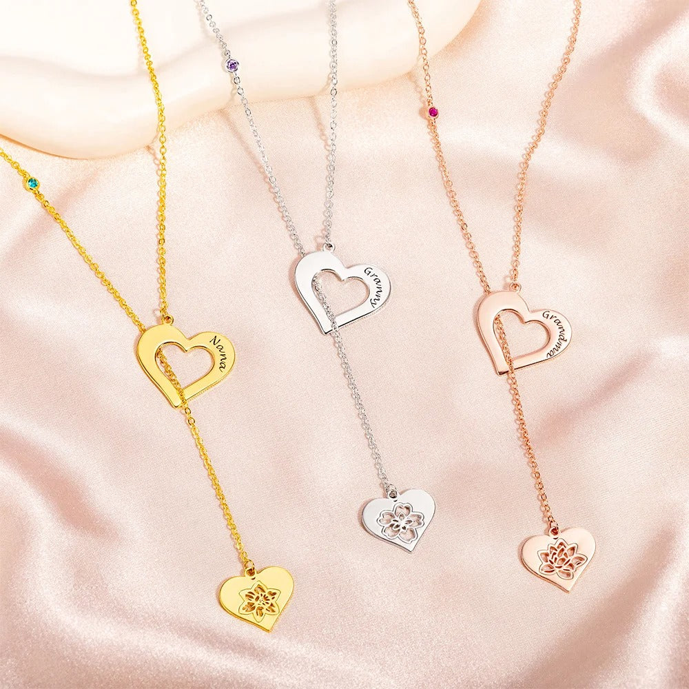 Personalized Birthstone Heart Shape Hollow Pendant Necklace Fine Jewelry With Name Birthday Anniversary Gift
