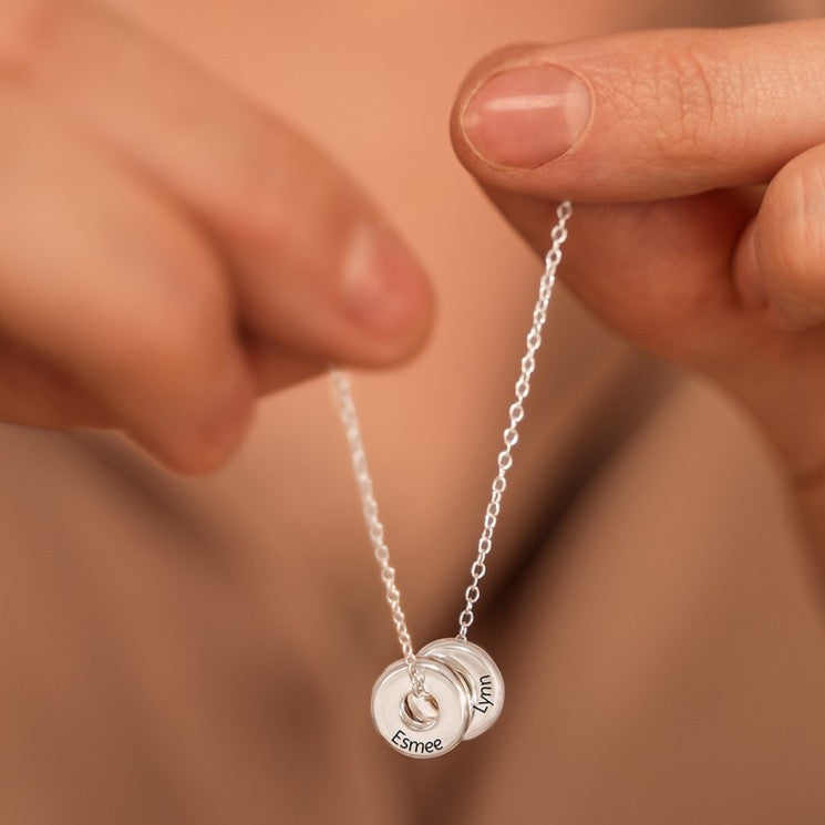 Stainless Steel Flat Bead Slim Necklace | Engraved CZ Pendant Set