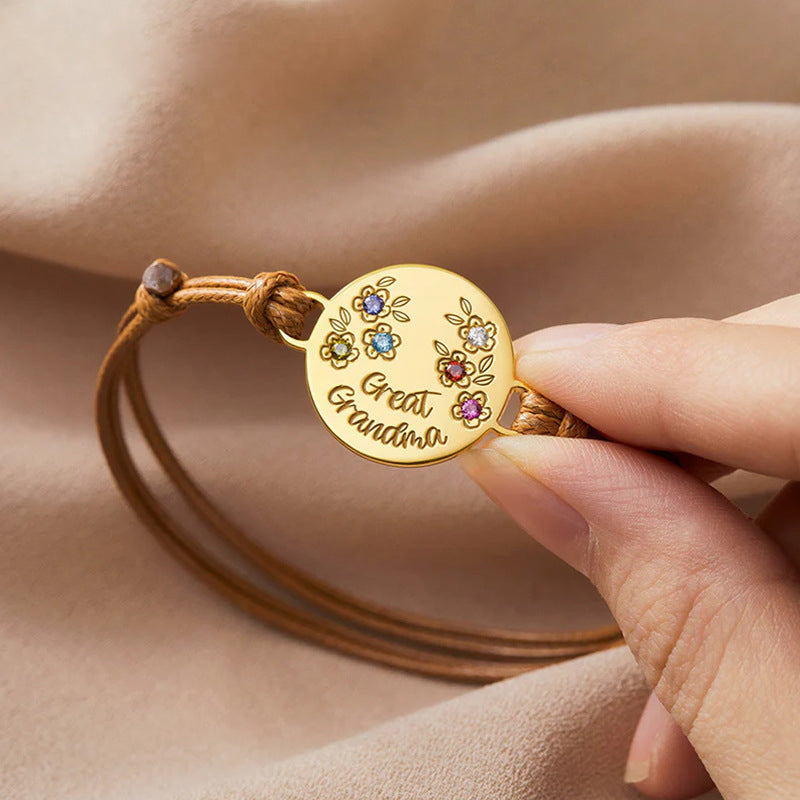 Stainless Steel Round Tag Mother's Day DIY Engraved Bracelet | Birthstone Braided Rope Gift