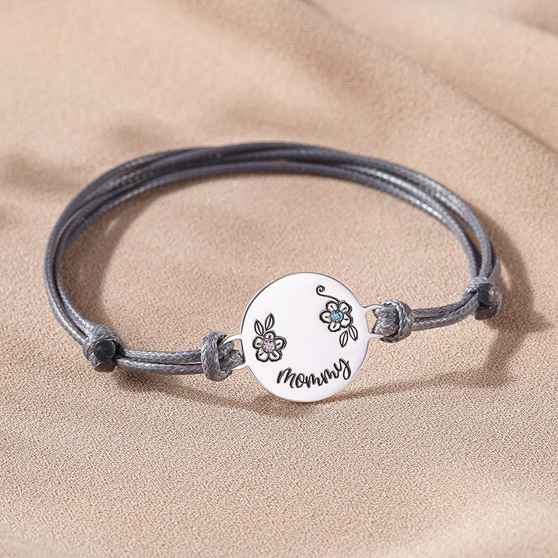 Stainless Steel Round Tag Mother's Day DIY Engraved Bracelet | Birthstone Braided Rope Gift