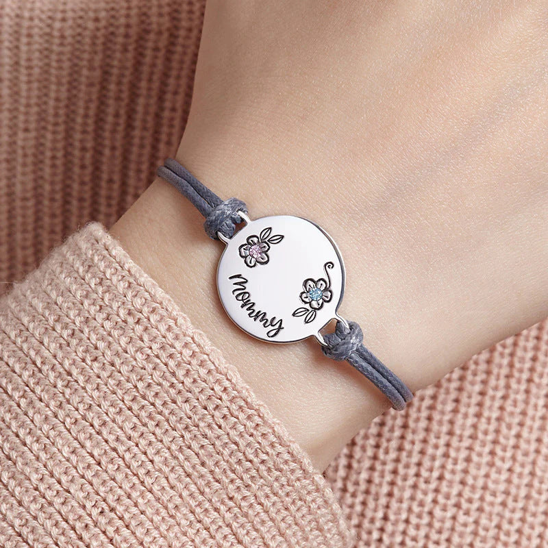 Stainless Steel Round Tag Mother's Day DIY Engraved Bracelet | Birthstone Braided Rope Gift