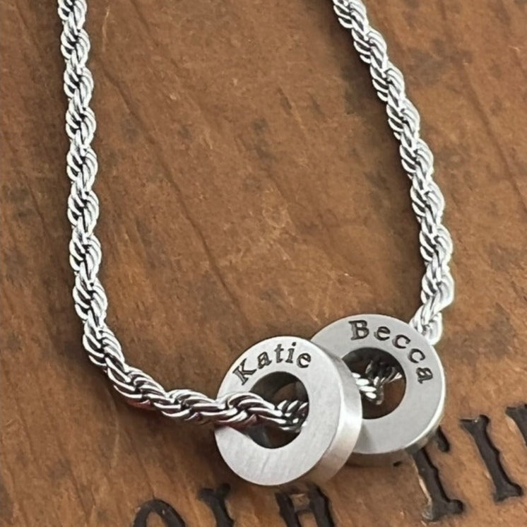 Personalized Coin Necklace with Rope Chain - Circle Pendant Necklace